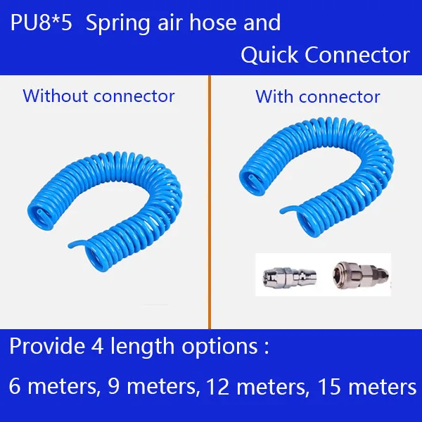 Free shipping PU8*5mm spring air compressor hose and quick detachable connectors, pneumatic hose 6-15M, Air compressor parts