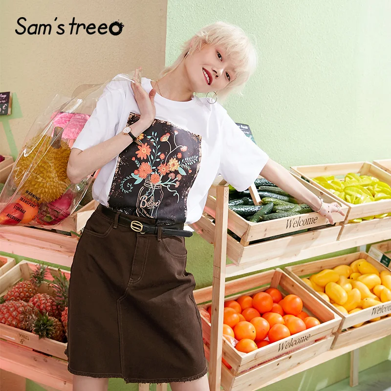 

Samstree Women Denim Mini Skirts Vintage Asymmetrical Female Coffee Midi Skirts Jeans with Pockets A-line Office Lady Bottoms