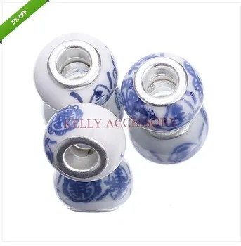 

Wholesale 100pcs 9*14mm Murano Blue Porcelain Ceramic Flower Pattern Spacer Crafts Loose Beads European Charms For Bracelet
