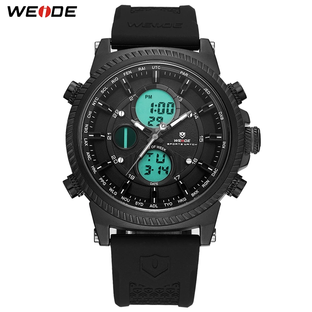 

WEIDE Mens Sports Stopwatch Quartz Digital Movement Auto Date Chronograph Alarm Alarm Black Silicone Band Buckle Wristwatches