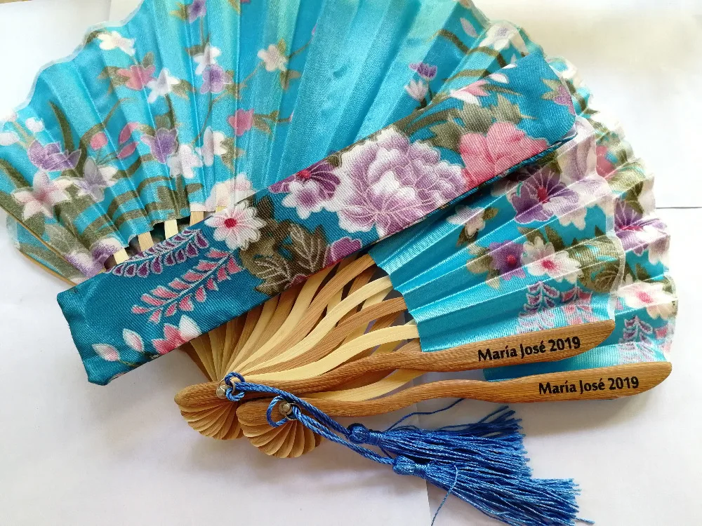 

150 pcs Personalized engraving Chinese Japanese Fabric Floral Round Folding Hand Fan with Gift Bags Wedding Party Supplies