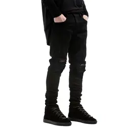 2018 г. Модный прямой байкерские джинсы Slim Fit Брюки Distressed Skinny Ripped Destroyed джинсы Для мужчин хип-хоп BlackTrousers