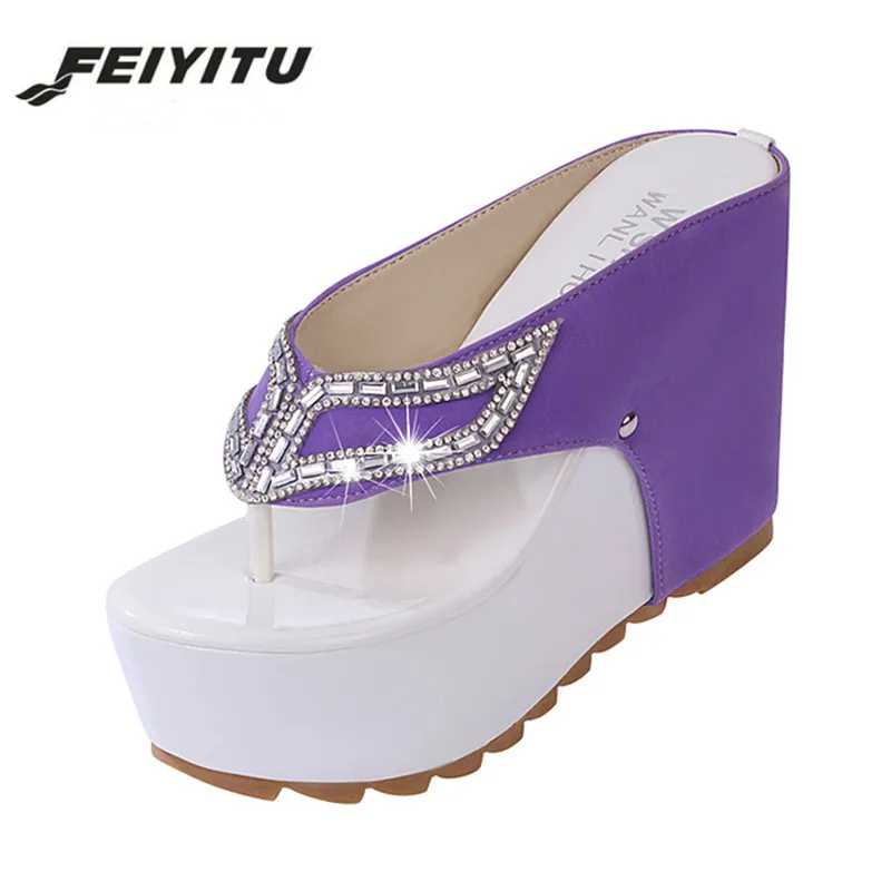 

FeiYiTu Women High heel slippers Shoes Thick Bottom Platform Flip Flops Rhinestone Wedge Heel Patchwork Woman Summer Slippers