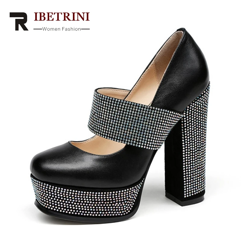 

RIBETRINI New women's Genuine Leather Square High Heel Platform Shoes Woman Casual Party Spring Pumps Black size34-39