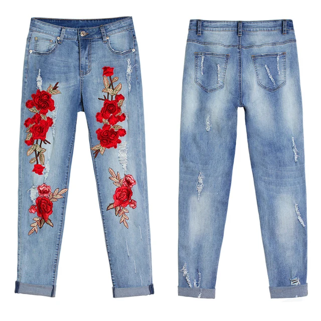 LIENZY Summer Red Rose Embroidered Jeans For Women High Elastic Ripped