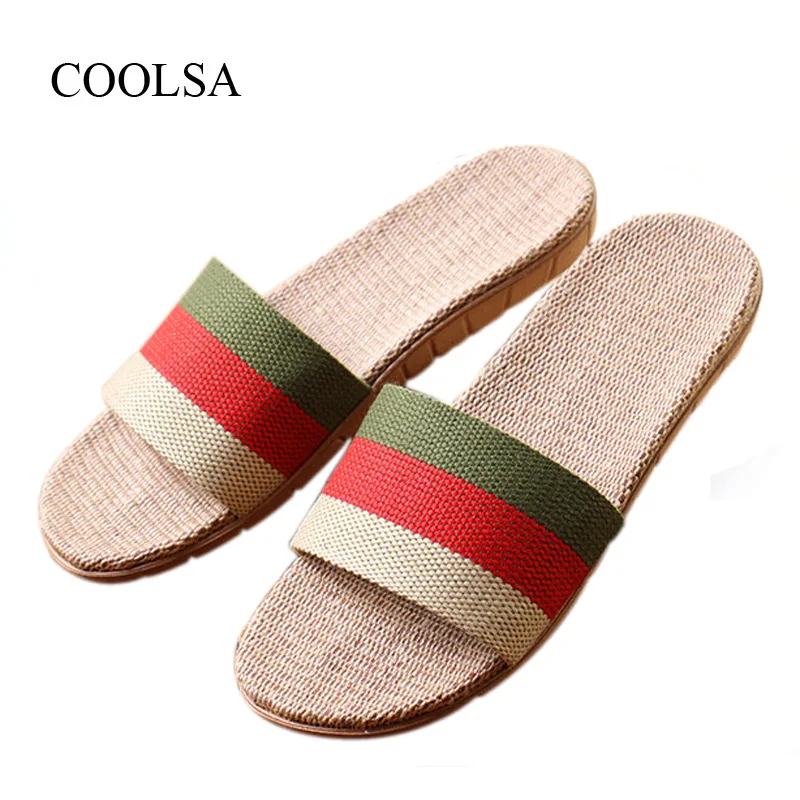 COOLSA Men's Summer Non slip Striped Canvas Linen Slippers Men's Indoor Bathroom Flax Slippers