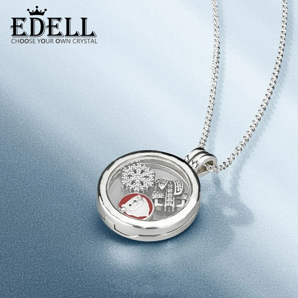 

EDELL 100% 925 Sterling Silver 1:1 Winter Santa Snowflake Gift Small Decoration Medium Size Floating Locket Necklace Set