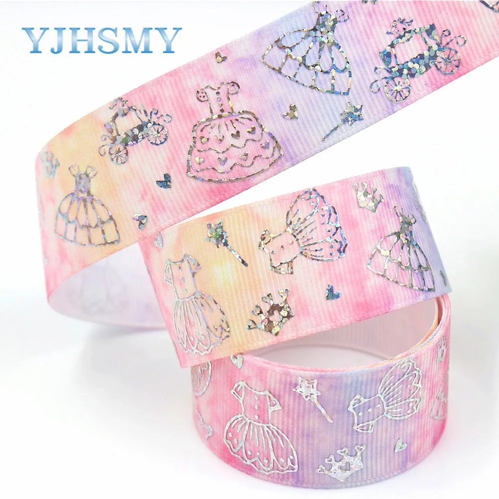 

YJHSMY G-18507-164 25 mm 10 yard laser Silver cute cartoon love Printed grosgrain ribbon DIY handmade headdres wedding gift wrap