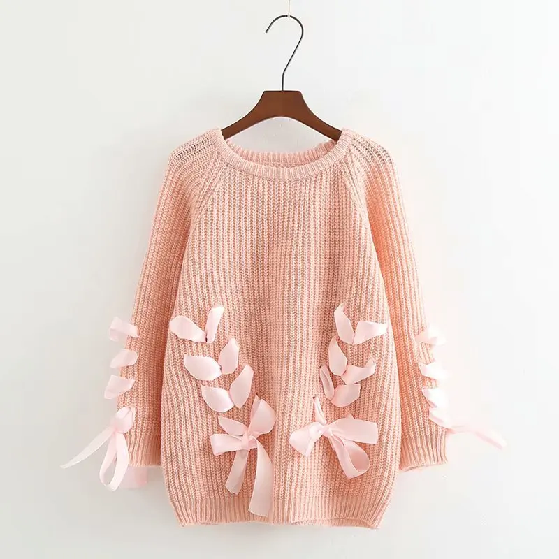 Woman Autumn And Winter Fashion Sweet Korean Version Of The New Handmade Bow Tie Lace Round Pullover Loose Knit Sweater | Женская одежда