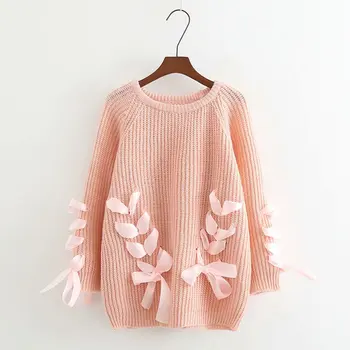 

Woman Autumn And Winter Fashion Sweet Korean Version Of The New Handmade Bow Tie Lace Round Pullover Loose Knit Sweater