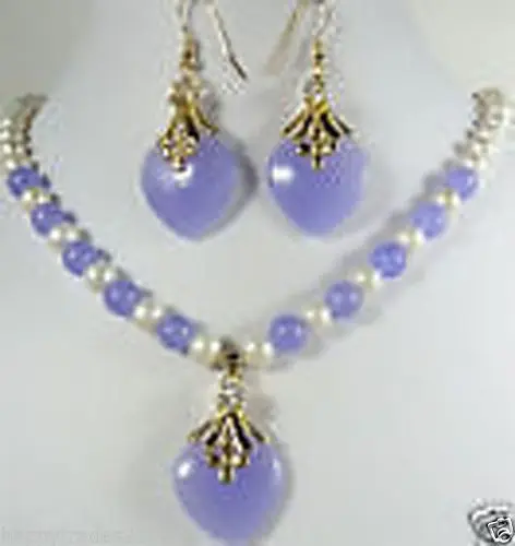 

Beautiful really Pearl / purple Jade Necklace Earrings Set 18''^^^18K GP style Fine jewe Noble Natural jade FREE SHIPPING