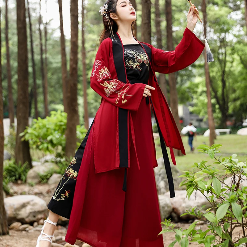 Красный костюм Hanfu из 3 предметов для женщин летняя одежда косплея древний