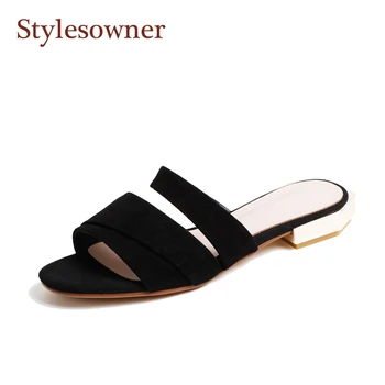 

Stylesowner Black Kid Suede Leather Lady Summer Sandal Slipper Lazy Joker Slides Stripe Female Outdoor Footwear Cozy Mules