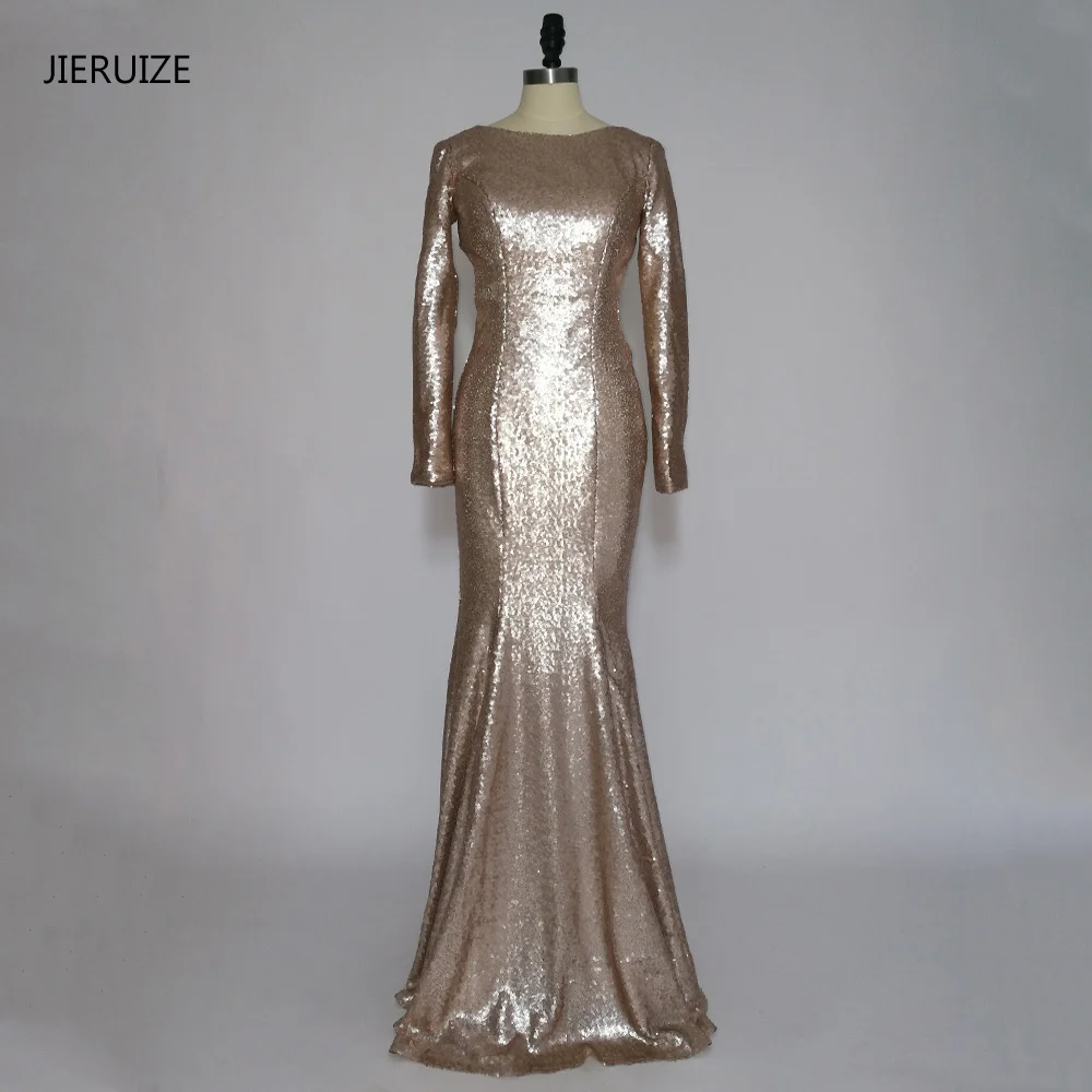 JIERUIZE Champagne Gold Sequin Backless Mermaid Long Prom Dresses Long Sleeves Low Back Evening Party Dresses Galajurken