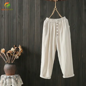 

Women Pants High Waist Solid Ankle Length Trousers Female Sweatpant Fashion Vintage Linen Button Harem Pants