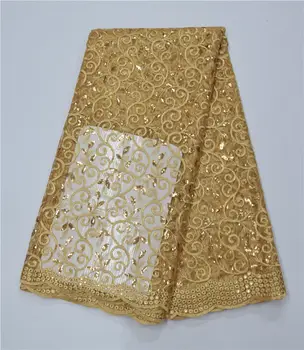 

2019 High Quality African Lace Fabric Gold color ,French Net Embroidery Sequins tulle Lace Fabric For Nigerian Wedding party