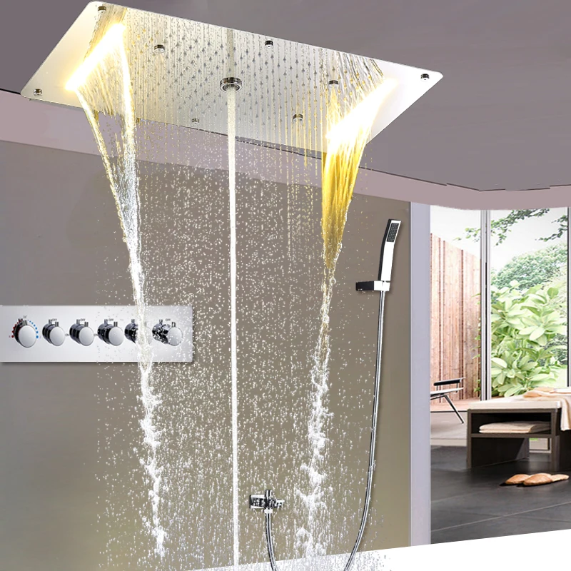 

Euorpe Hot And Cold Large Rain Shower Set Concealed Ceiling Shower Head Faucets Waterfall, Water Column, Mist LED Shower