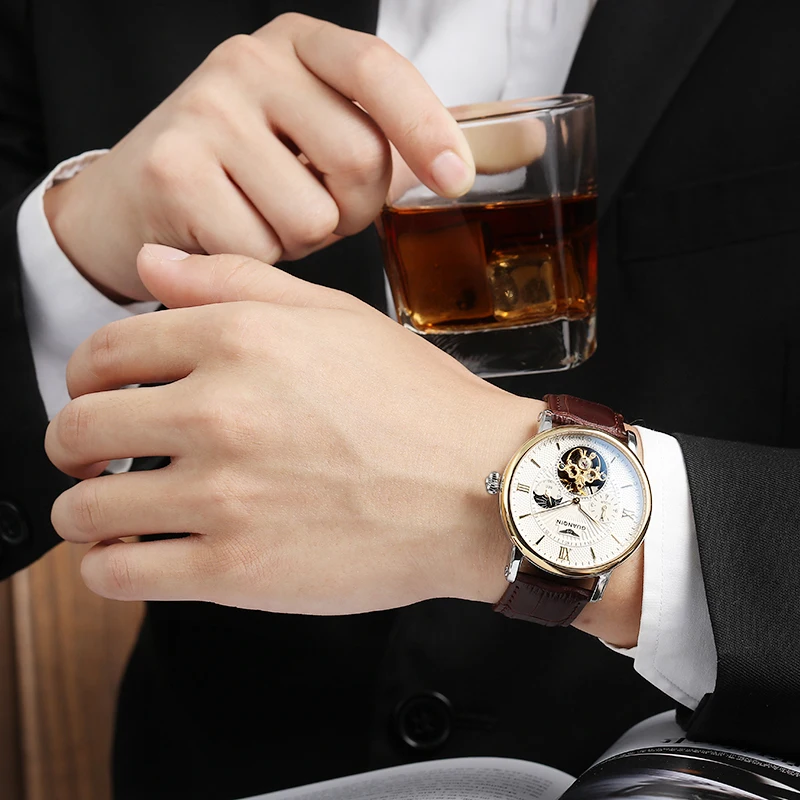 Модные Tourbillon механические часы для мужчин GUANQIN Роскошные автоматические кожаный