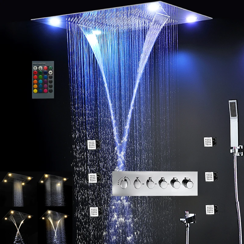 Us 1676 88 49 Off Luxury Shower Set System Electric Led Ceiling Recessed Large Rain Head Waterfall Thermostat Faucet Mage Panel In Us 1676 88 49 Off Luxury Shower Set System Electric Led Ceiling Recessed Large Rain Head Waterfall Thermostat Faucet Mage Panel In