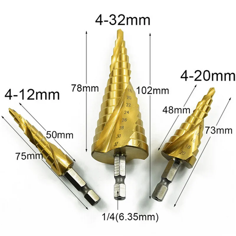 JAKEMY HSS 3 шт./лот Сталь 4241 конический Титан покрытием сверла Мощность Cut Набор инструментов отверстия Cutter 4-12 /20/32 мм 3 шт./лот