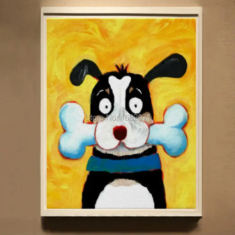 

New Design Hand-painted Abstract Funny Animal Painting Happy Dog With Bone Oil Painting On Canvas For Baby Room Decoration