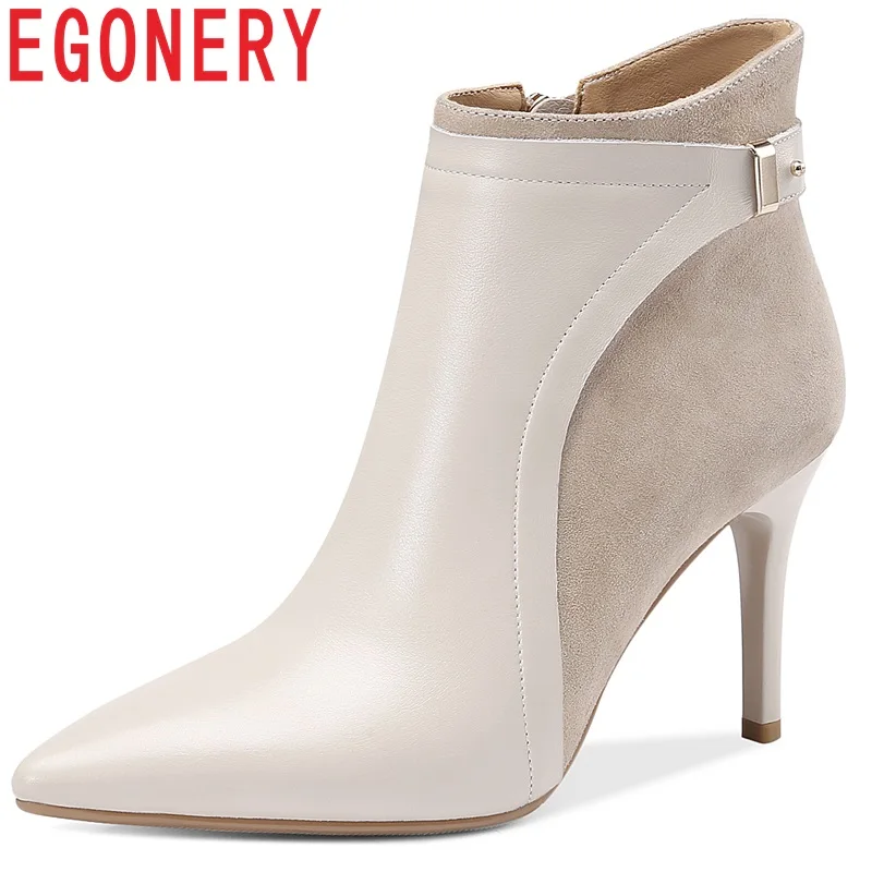 Goedkoop EGONERY Koe Lederen Laarsjes 2018 fashion party sexy Kudde enkellaars zwart beige Metalen Decoratie winter 8.5 cm Hoge hakken schoenen