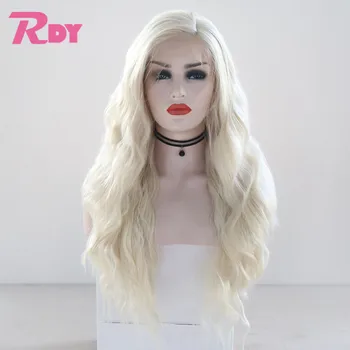 

RONGDUOYI Platinum Blonde Long Natural Wave Synthetic Lace Front Wig Side Part Glueless Heat Resistant Wigs For Women