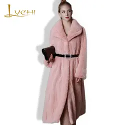 Lvchi Для женщин Туника элегантный Пояса из натуральной кожи Верхняя одежда зимние толстые теплые модные макси Мех животных Розовый X-длинные