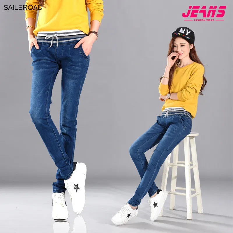 

2017 Hot New Cowboy Casual Fashion Elastic Lace Jeans Women Autumn Cotton Denim Ladies High Waist Jeans Slim Full Pencil Pants