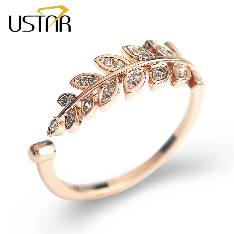 

USTAR Leaf Zircon Crystals wedding Rings for women Jewelry rose gold color open midi finger Rings female Anel party top quality