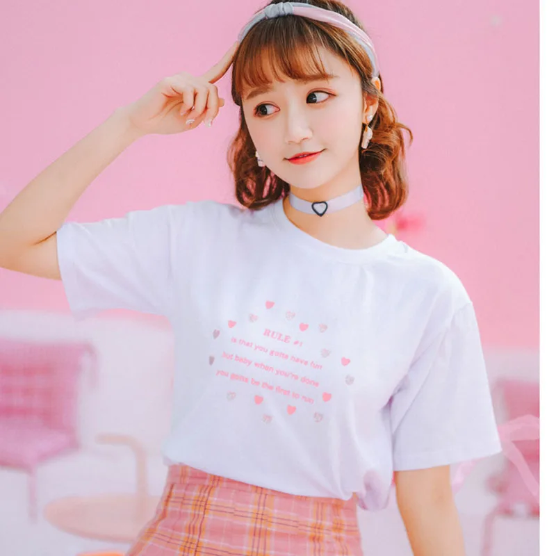 

Harajuku Kawaii Short Sleeve Tees Shirt Women Summer 2019 Kawaii Sweet Style Heart T Shirt Tops Schoolgirl Streetwear Tumblr
