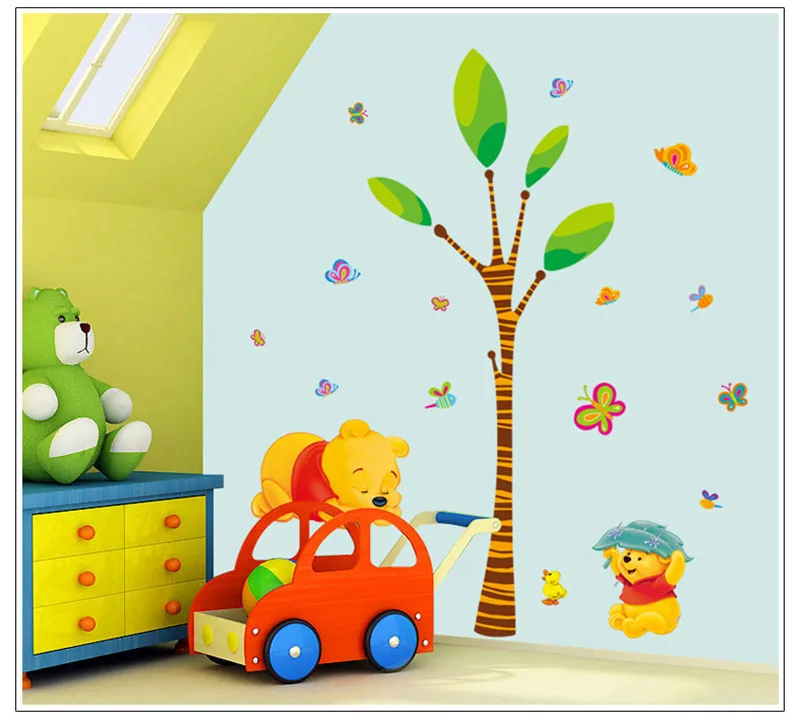 Мультфильм детская комната деревья и медведь шаблон наклейки на стену измерения высоты для детской комнаты детские наклейки на стену в детскую домашнюю Декор