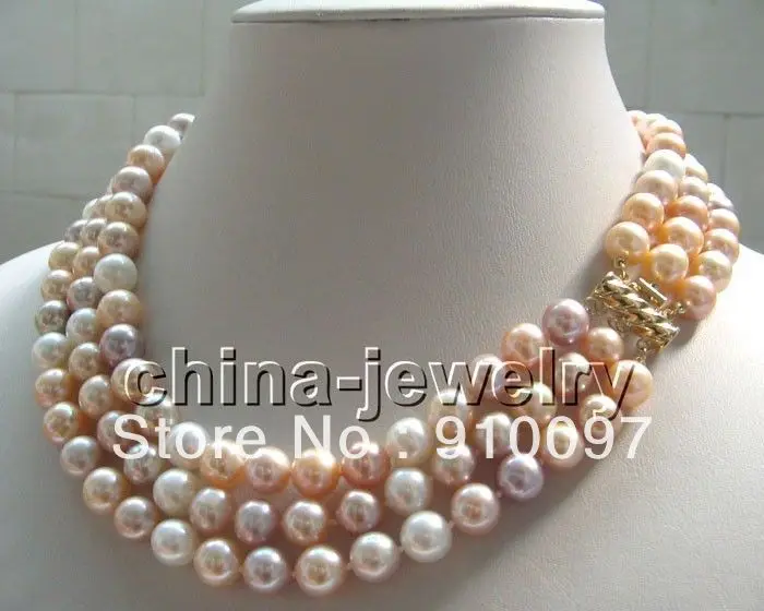 

>>>AAA luster 3row 8-9mm multicolor round FW pearl necklace 17"-19