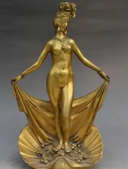 

11" Chinese Bronze Folk Stand Shell Sexy Nude Belle Beauty Pretty Girls Statue