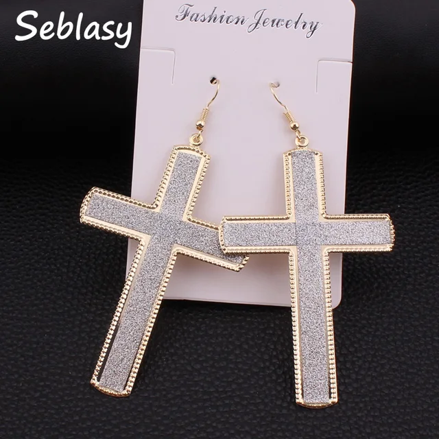 Seblasy Bijuterias Gold Silver Black Color Scrub Cross Earrings Seblasy Bijuterias Gold Silver Black Color Scrub Cross Earrings Alloy Punk Dangle For Women
