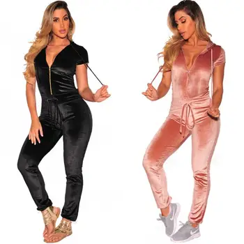 

Women New Jumpsuits Fashion Casual sexy thick gold velvet zipper jumpsuit High quality products Rompers Sashes Solid Bodysuits