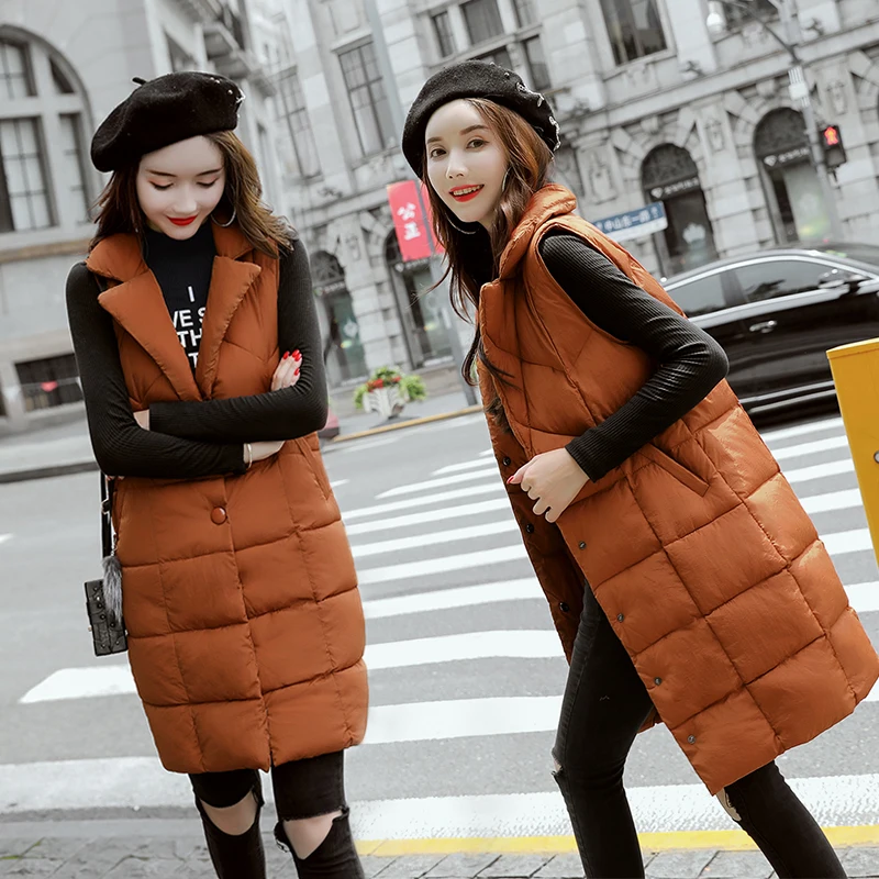 

2018 New women's Long Winter vest turn down collar single breasted slim waistcoat Winter Casual sleeveless parkas coat female