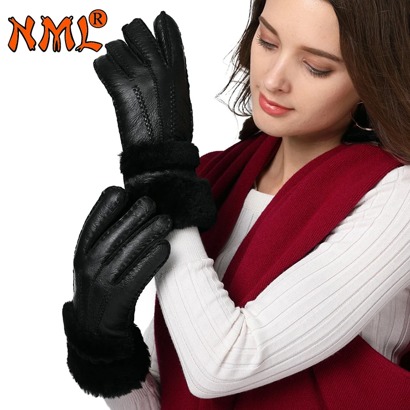 Winter Gloves Long Women New Designer Heavy Type Real Leather Wool Fur Gloves Lovely Girls