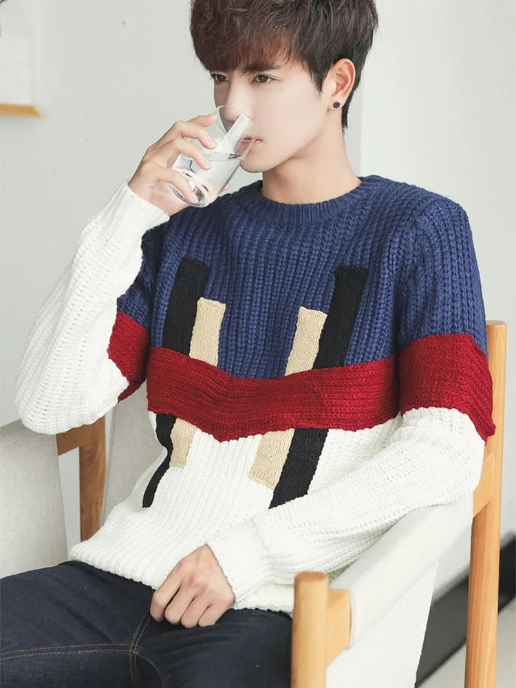 Мужской свитер в Корейском стиле, новинка года, зимний студенческий мужской свитер, свободные пуловеры в стиле пэчворк для подростков, модные вязаные топы для мальчиков M04