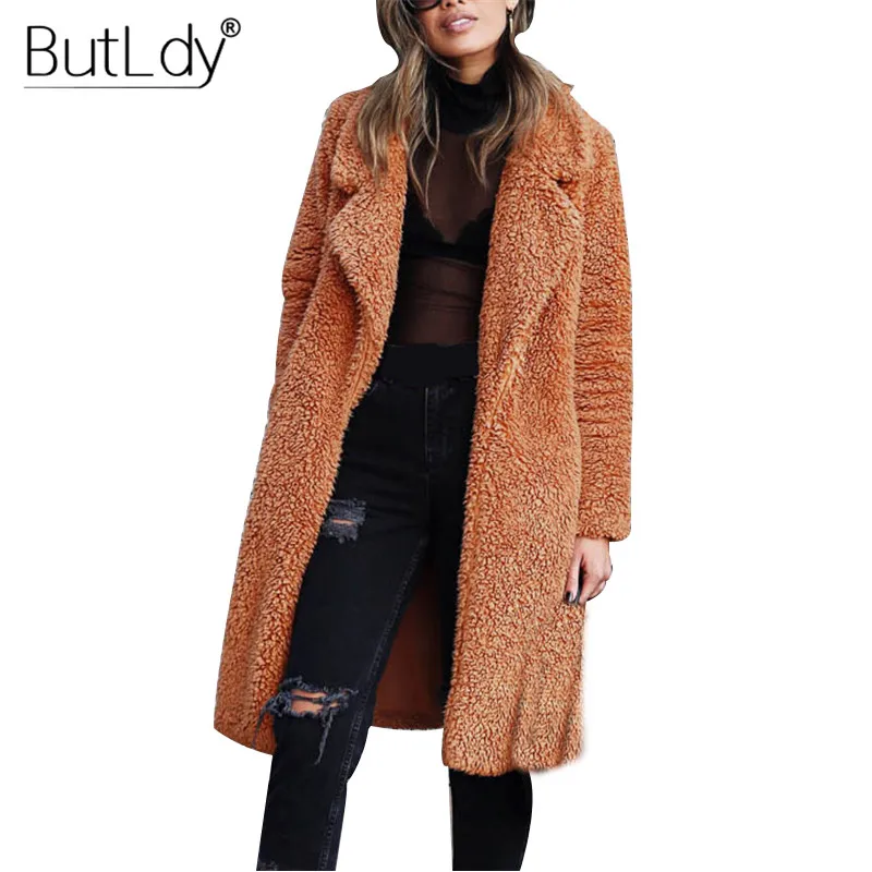 

Open Stitch Long Jacket Women Coat Winter 2018 Lapel Faux Fur Warm Ladies Jackets Fluffy Fleece Solid Thick Black Outerwear