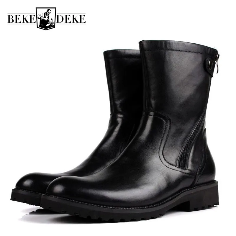 

Mens Winter High Top Boots Warm Genuine Leather Mid-Calf Boots Antiskid Platform Fleece Lining Shoes Male Biker Riding Footwear