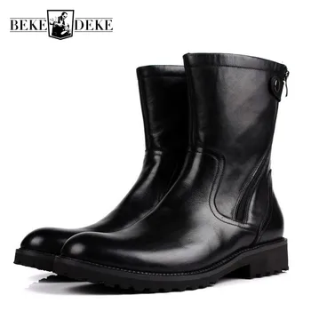 

Mens Winter High Top Boots Warm Genuine Leather Mid-Calf Boots With Buckle Antiskid Platform Italian Shoes Male Footwear
