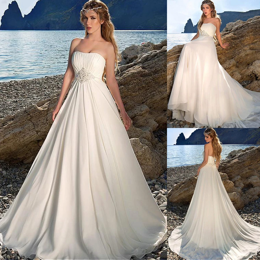 

Charming Chiffon Strapless Neckline A-line Wedding Dresses with Beadings & Rhinestones Beach Bridal Gowns