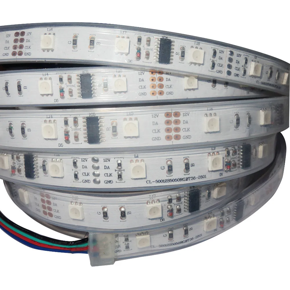5 m DC12V WS2801 смарт-полосы, 36 светодиодов/m, украшенное мозаикой из драгоценных камней, 12 шт.(12 пикселей) WS2801 IC 5050 светодиодные кристаллы SMD RGB; водонепроницаемые носки без пятки