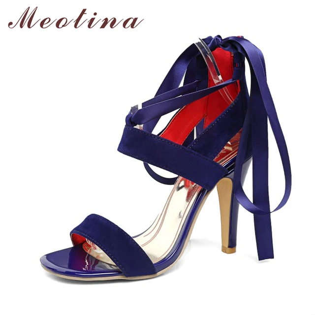 Meotina Women Shoes Sandals 2018 Summer Cross Tied High Heel Sandals Gladiator Women Sexy Party Heels Blue Red Large Size 44 45