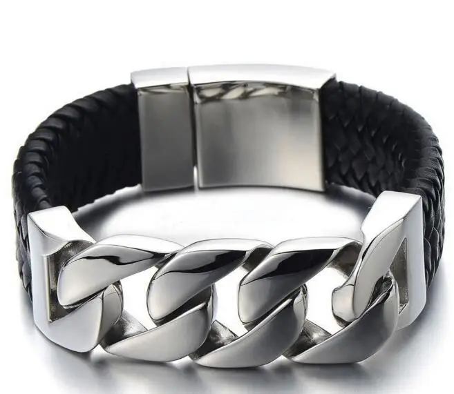 

Best Holiday Gifts Genuine Leather Jewelry 316L Stainless Steel Mens Large Curb Chain Bracelet 9''