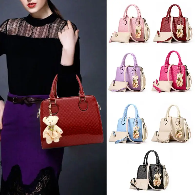 

2PCS/Set Women Lady Leather Shoulder Bag Handbag Bear Pendant Satchel Tote Coin Purse Crossbody Top Handle Bags