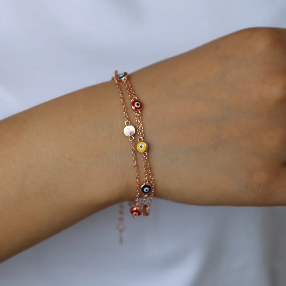 Модные ювелирные изделия из цветного камня для молодых девушек, покрытые розовым золотом, 9 шт., смешанные цвета, крошечные милые браслеты на цепочке со сглаза