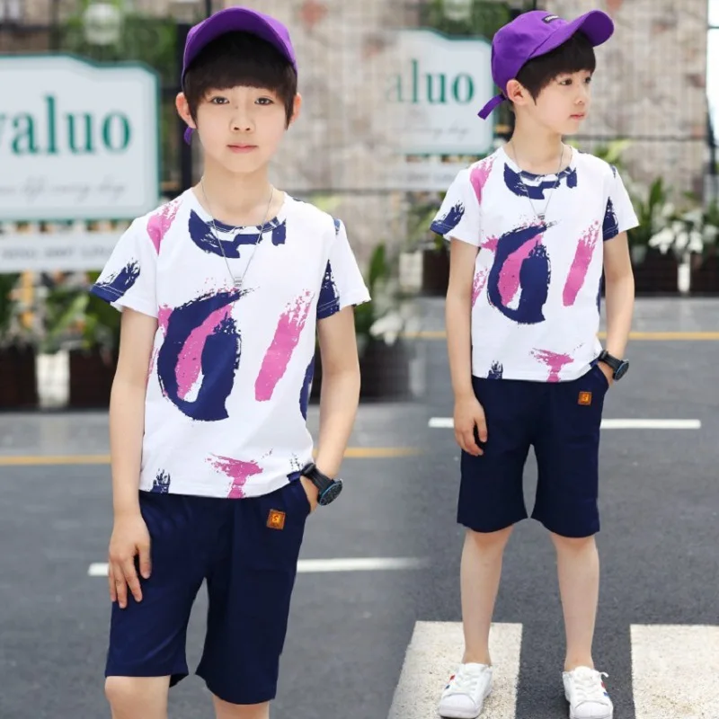 

Kids Tracksuit Boys Clothes Set Summer Sports Suit Child Short Sleeve Print Shirt + Shorts 2pcs Children Clothing 6 7 8 9 10 12