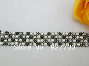 

(CM392)1 Yards 24 Rows Clear Crystal Black Rhinestone Ivory Pearl Mesh Wedding Tier Trim